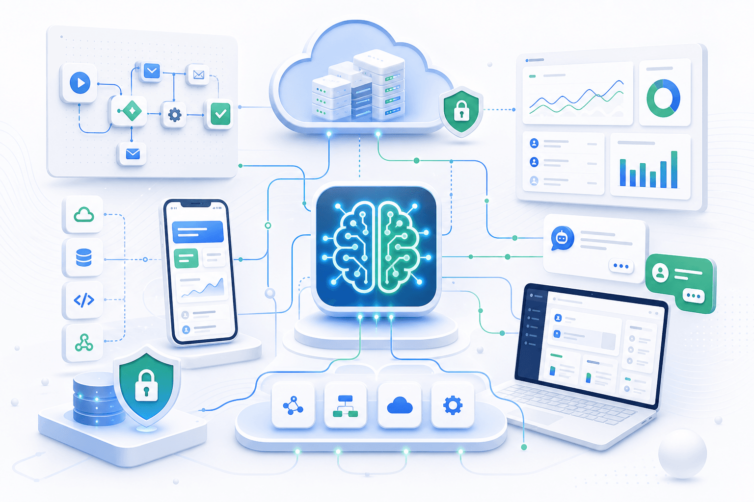 Automation control center with AI agents, cloud integrations, chat, dashboards, and secure workflow nodes